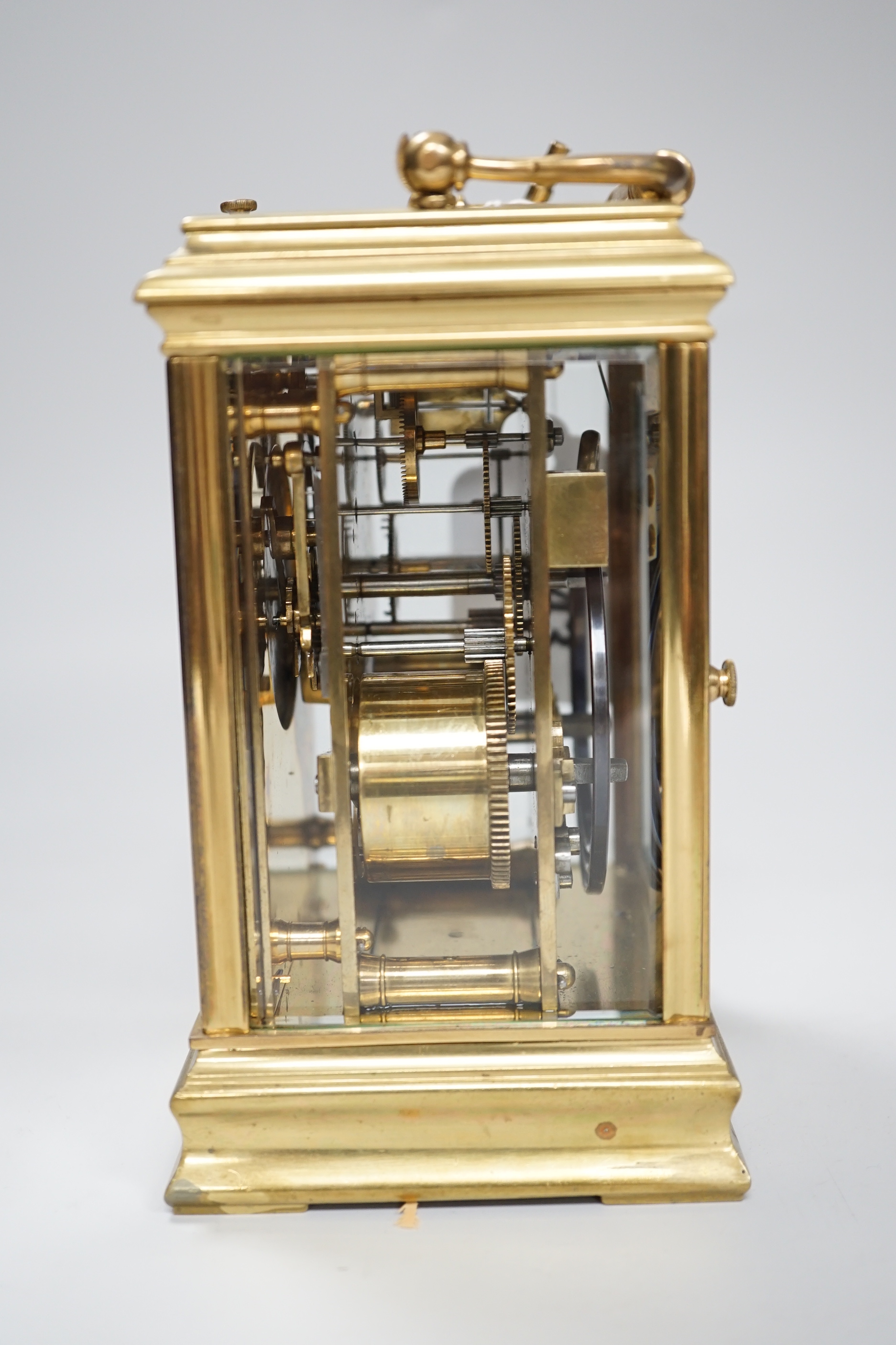 An hour repeating brass carriage clock with key, 16cm